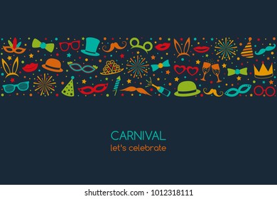 Carnival Party - vintage banner with funny icons and greetings. Vector.