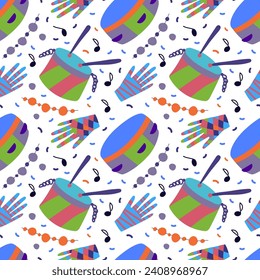 A carnival pattern with a drum, tambourine and gloves. For invitations, textiles, wallpapers