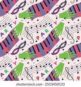 Carnival pattern with piano keyboard, gloves and musical notes. for New Year Party or Сoncert holiday. Purple, green, orange, white. For fabric, textiles, wrapping paper, postcards, theater poster.