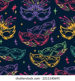 Carnival pattern seamless colorful vintage eye masks for visitors to masquerade ball with bird feathers and stars vector illustration