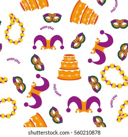 Carnival pattern. Vector illustration for the holiday Mardi Gras. Abstract color seamless pattern with masquerade masks, caps, beads, cake