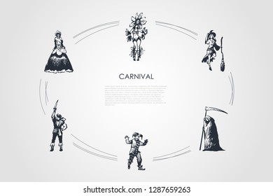 Carnival - people in different traditional costumes for special holidays vector concept set. Hand drawn sketch isolated illustration