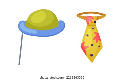 Carnival photo booth party objects set. Colorful bowler hat and yellow tie cartoon vector illustration