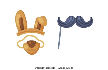 Carnival photo booth party objects set. Dogs nose and ears, moustache on stick cartoon vector illustration