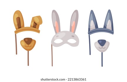 Carnival photo booth party objects set. Rabbit, dog and wolf carnival masks cartoon vector illustration