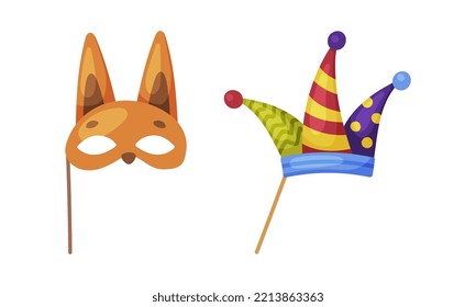 Carnival photo booth party objects set. Jester hat and squirrel mask cartoon vector illustration