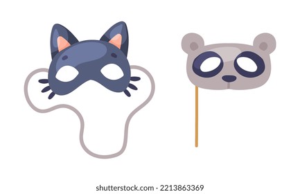 Carnival photo booth party objects set. Cat and panda bear masks cartoon vector illustration
