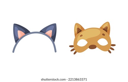 Carnival photo booth party objects set. Cat ears headband and dog mask cartoon vector illustration
