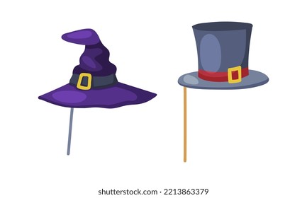 Carnival Photo Booth Party Objects Set. Witch Hat And Top Hat Cartoon Vector Illustration