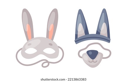 Carnival photo booth party objects set. Rabbit and wolf carnival masks cartoon vector illustration