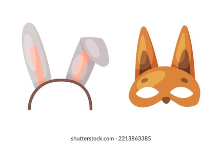 Carnival photo booth party objects set. Rabbit ears headband and squirrel mask cartoon vector illustration