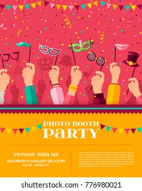 Carnival photo booth party poster, flyer or invitation design. Vector illustration. Hands holding funny masks, confetti. Place for your text message.