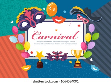 Carnival photo frame card, postcard. Happy masquerade, party and festive accessories. Carnival decorative masks and decorations, costumes, gifts. Carnaval funfair card. Illustration isolated.