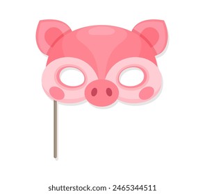 Carnival pig mask for birthday party masquerade or festival costume, vector animal face. Cartoon funny piglet muzzle mask on stick for kids birthday party or carnival props of happy zoo animal costume