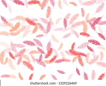 Carnival pink flamingo feathers vector background. Fluffy twirled feathers on white design. Decoration confetti of carnival plumelet. Plumage glamour fashion shower decor.