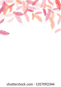 Carnival pink flamingo feathers vector background. Detailed majestic feather on white design. Angel wing plumage concept. Lightweigt plumelet windy floating pattern.