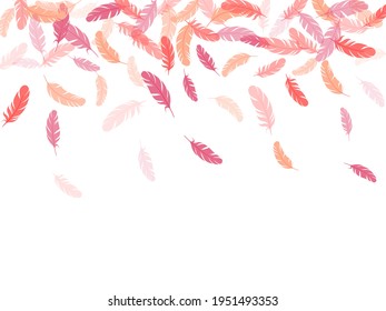 Carnival pink flamingo feathers vector background. Fluffy twirled feathers on white design. Angel wing plumage concept. Smooth plumelet tribal ornate graphics.