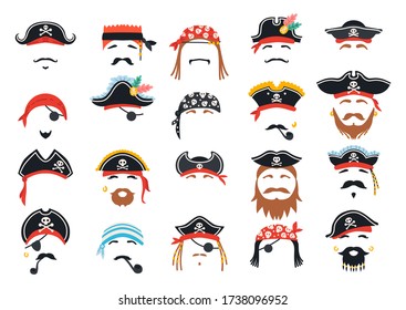 Carnival pirate mask decor. Photo booth props with faces elements or masks, hats, bandana, beards and smoking pipes.