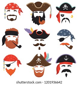 Carnival pirate mask. Funny sea pirates hats, journey bandana with dreadlocks hair and smoke pipe isolated masks. Kids birthday party accessories or mobile app mask cartoon vector isolated icons set