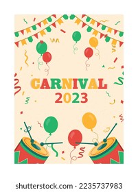 Carnival poster or banner. Balloons and drums on background of garlands and confetti. Recreation and entertainment. Bright drums and music, party and masquerade. Cartoon flat vector illustration