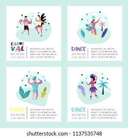 Carnival Poster, Banner, Brochure with Dancing Character People. Masqeurade Party Elements with Masks and Festive Symbols. Vector illustration