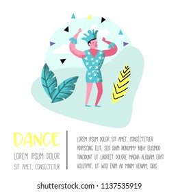Carnival Poster, Banner, Brochure with Dancing Character Man. Masqeurade Party Elements with Masks and Festive Symbols. Vector illustration