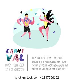 Carnival Poster, Banner, Brochure with Dancing Character People. Masqeurade Party Elements with Masks and Festive Symbols. Vector illustration