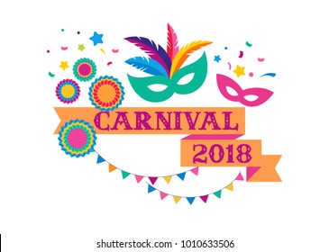 Carnival poster, banner with colorful party elements - masks, confetti, stars and splashes. Festival concept design