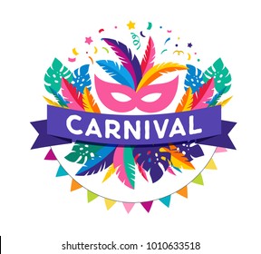 Carnival poster, banner with colorful party elements - masks, confetti, stars and splashes. Festival concept design