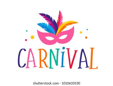 Carnival poster, banner with colorful party elements - masks, confetti, stars and splashes. Festival concept design