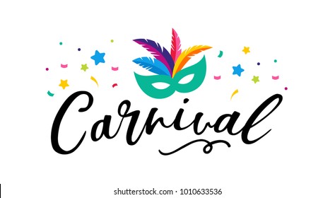 Carnival poster, banner with colorful party elements - masks, confetti, stars and splashes. Festival concept design