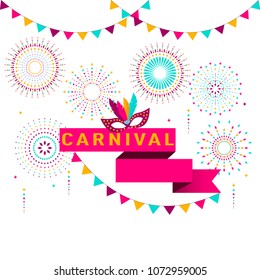Carnival poster, banner with colorful party elements - fireworks, confetti, stars and splashes. Festival concept design.