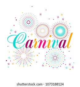 Carnival poster, banner with colorful party elements - fireworks, confetti, stars and splashes. Festival concept design.