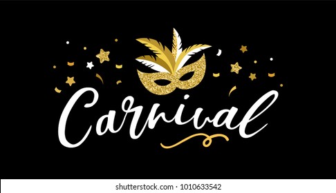 Carnival poster, banner with golden chic party elements - mask, confetti, stars and splashes. Festival concept design