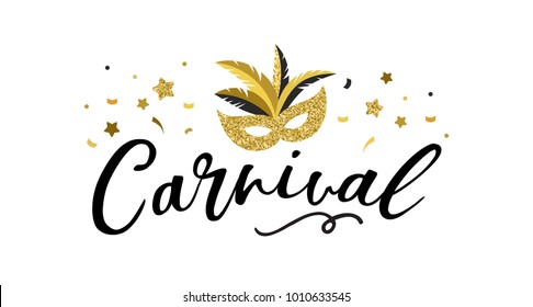 Carnival poster, banner with golden chic party elements - mask, confetti, stars and splashes. Festival concept design