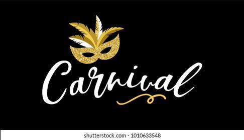 Carnival poster, banner with golden chic party elements - mask, confetti, stars and splashes. Festival concept design