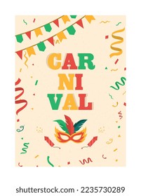 Afiche o pancarta del carnaval. Fiesta y evento, entretenimiento. Símbolo de fiesta tradicional brasileña. Elemento gráfico para el sitio web. La metáfora de la decoración de las habitaciones. Dibujo vectorial plano de dibujos animados