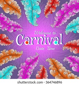 Carnival poster with colorful feathers. EPS 10 vector background.