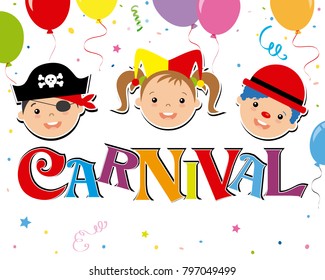 Carnival poster. Costumed children, balloons and confetti