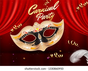 Carnival poster with decorative mask on glossy red curtains background.