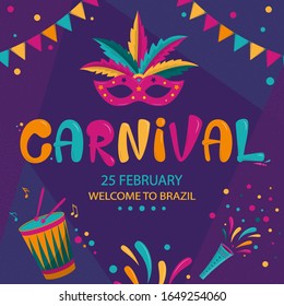 Carnival poster design with dark geometric background. Rio Carnival colorful inscription with mask, garland and drum. Vector template with Colorful Party Elements. Brazilian Rhythm, Dance and Music.