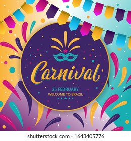 Carnival poster design. Rio Carnival inscription on dark background. Vector colorful template with festival fire, splash, lettering sign and garland. Venetian carnival, Mardi Gras