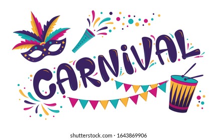 Carnival poster design. Rio Carnival inscription with mask, garland and drum. Vector colorful template with  Colorful Party Elements. Brazilian Rhythm, Dance and Music.