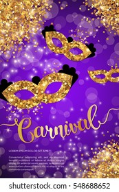 Carnival poster, flyer or invitation design. Vector illustration. Funfair gold ticket with masks and lettering. Glowing purple background