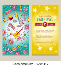 Carnival poster, flyer or invitation template. Cartoon vector illustration of funfair. Mardi Gras party tickets with two sides.
