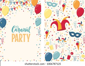 Carnival poster. Jester hat, balloons, mask, windmills, ice cream, cocktails, serpentine, confetti background. Carnival lettering (calligraphy). Place for your text. Invitation, card, flyer, banner