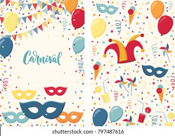 Carnival poster. Jester hat, mask, balloons, windmills, ice cream, cocktails, serpentine, confetti background. Carnival lettering (calligraphy). Place your text. Invitation, card, flyer, banner, frame