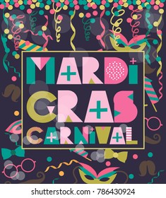 Carnival poster for Mardi Gras with abstract paper cut shapes. Editable Vector illustration