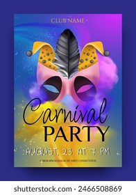 Carnival poster. Masquerade party. Festival mask. Holiday show. Performance invitation. Color smoke clouds. Harlequin parade costume. Nightlife banner. Entertainment show. Vector event flyer design
