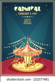 Carnival poster with merry-go-round in vintage style. Carousel with horses.